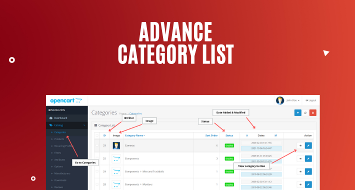 Advance Category List - Columns, Filters & Actions